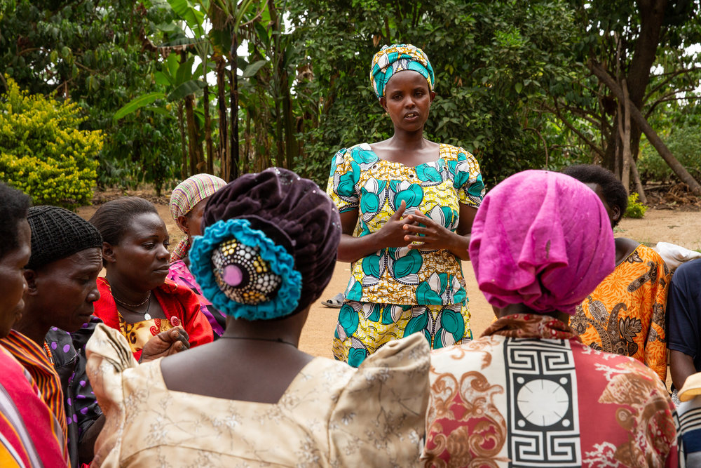  KALUNGU DISTRICT, UGANDA: March 27, 2019 - Justine Nitele addresses the group at a weekly community meeting. Before fistula repair surgery, she used to be apprehensive about attending this kind of social gathering because she was embarassed that peo
