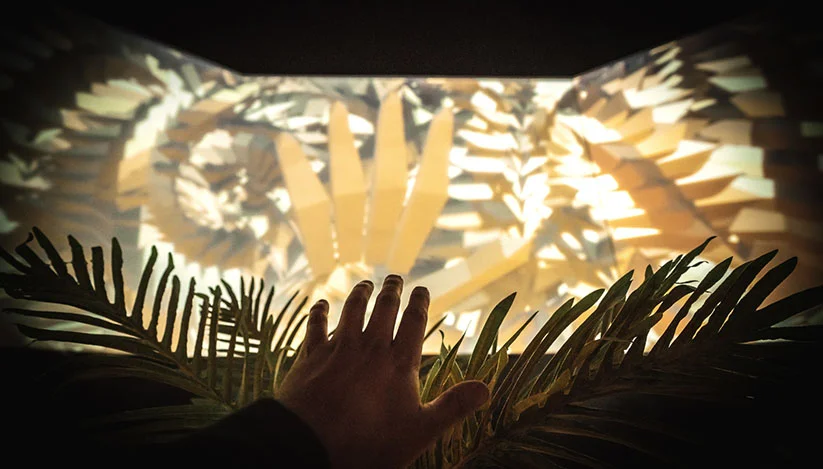 "Succulent Machines", an interactive art installation at the heart of the Burning Man festival, 2018. A collaboration with Will Atwood and Bent Stamnes and a part of the IAMAI project. By touching the plant (augmented with a hidden Leap Motion sensor) passersby can move the cogs of a 360 degree projection machine situated in the heart of the temporary city in the desert.