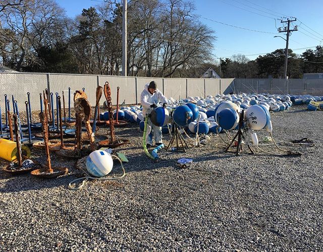 It must be Spring, we&rsquo;re painting mooring buoys. They&rsquo;ll start going in the water on Monday! 
#mooringbuoy #springboating #capecod #baymarineandmooring