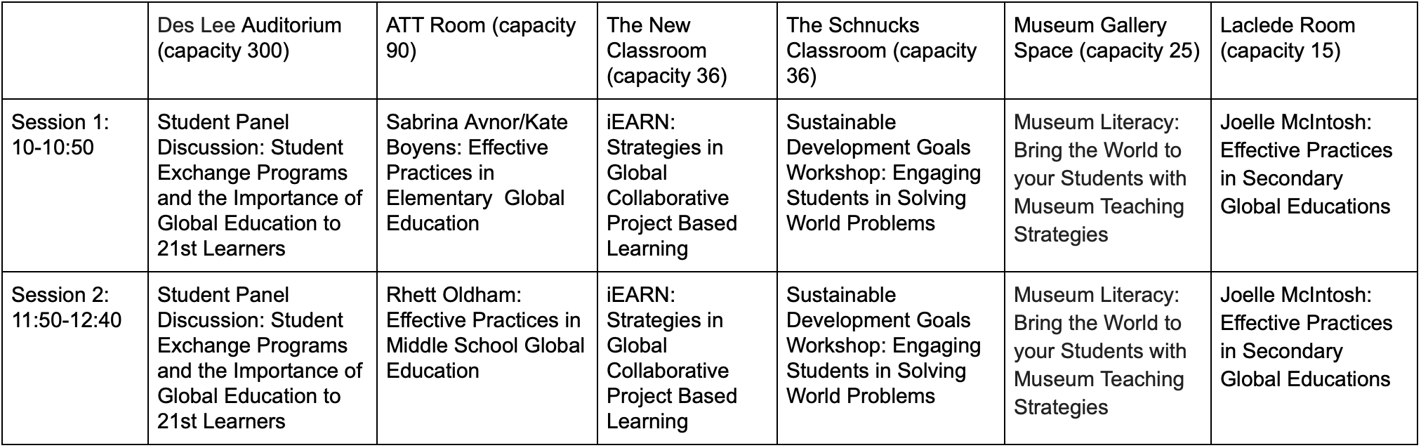 SESSION SCHEDULE: Click to enlarge