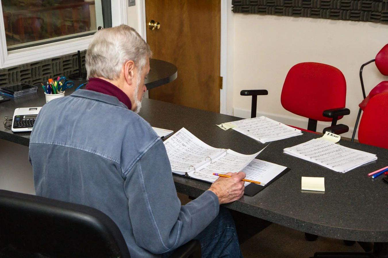 While we were doing a take, David would be sitting with the score and writing in what takes were best in which places and any mistakes he heard. Such a great help! Thanks David!