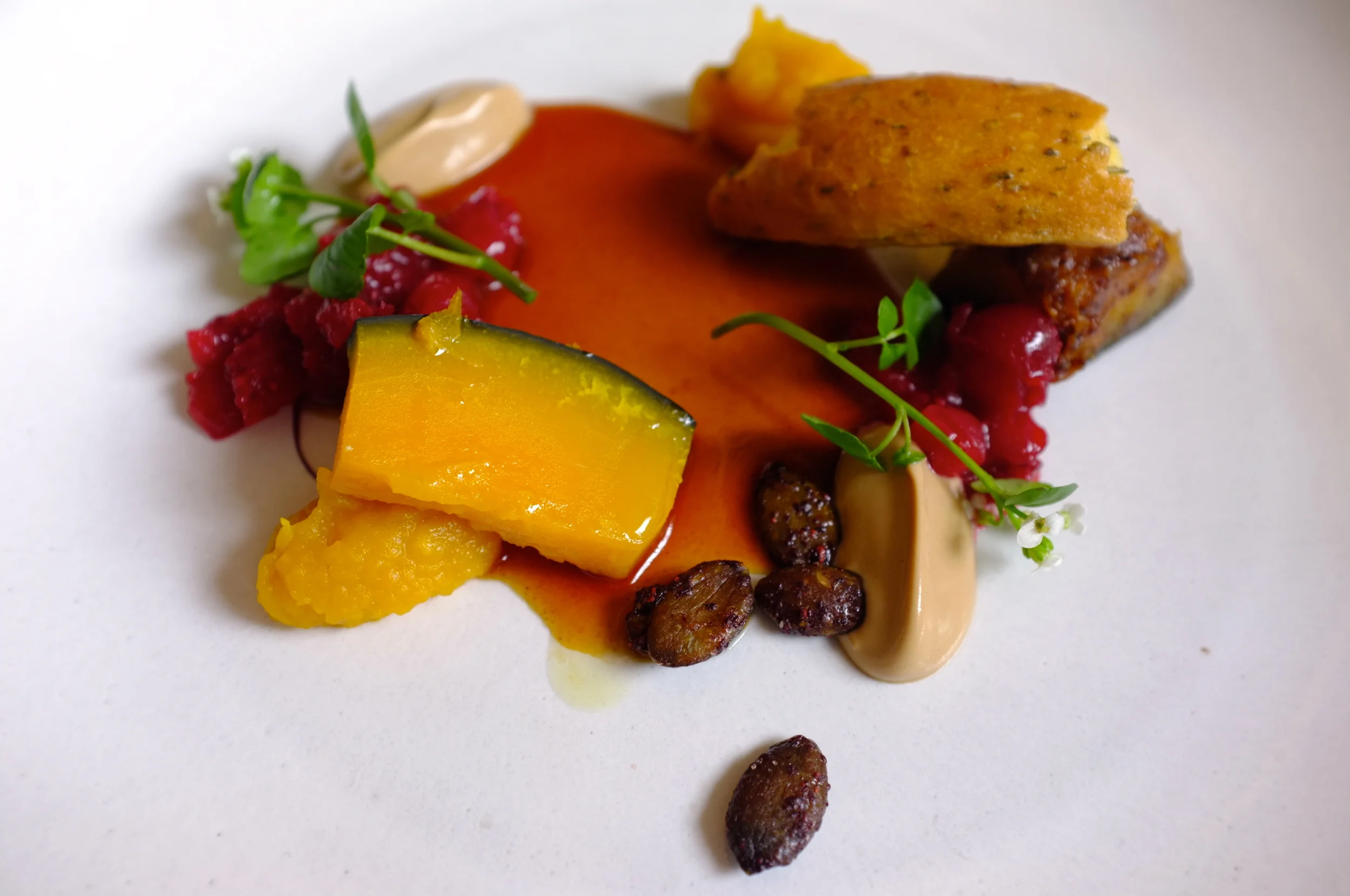 Roasted Squash with Cranberries, Pumpkin Seeds and Sourdough
