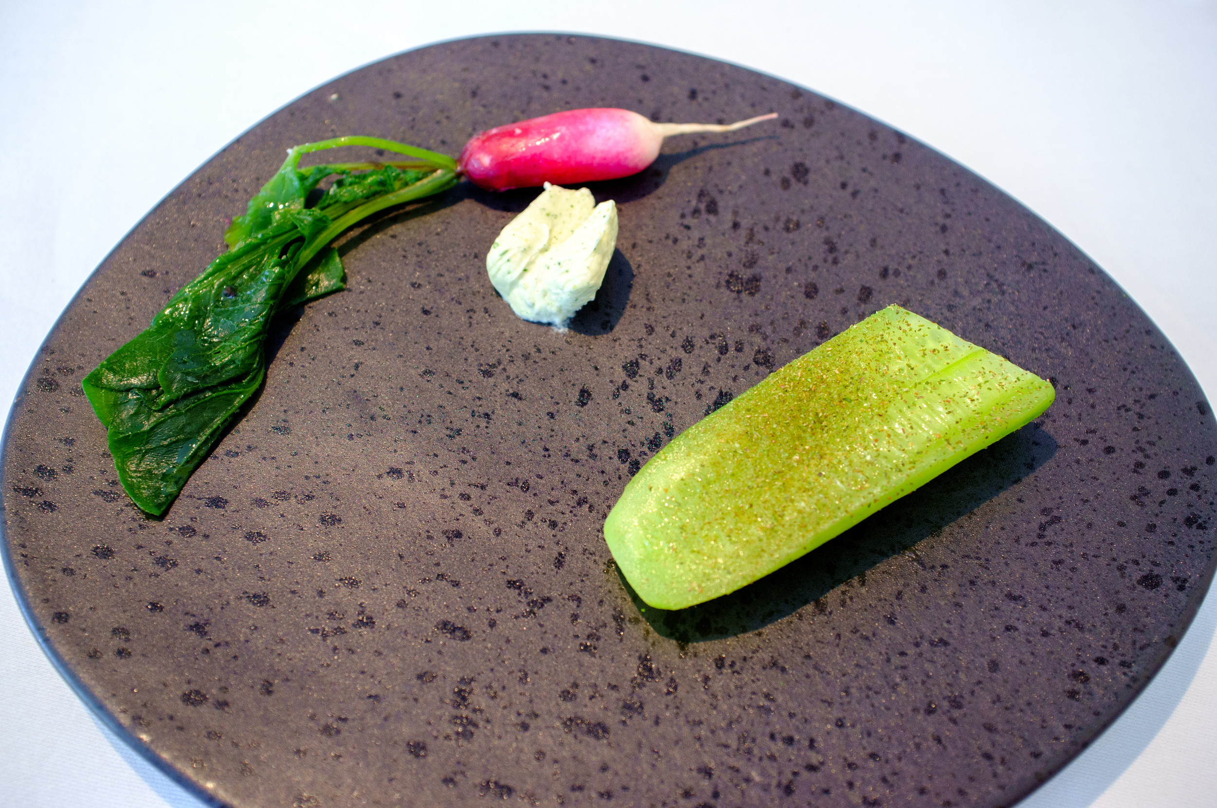 Breakfast radish, cucumber and lemon myrtle, jersey cream