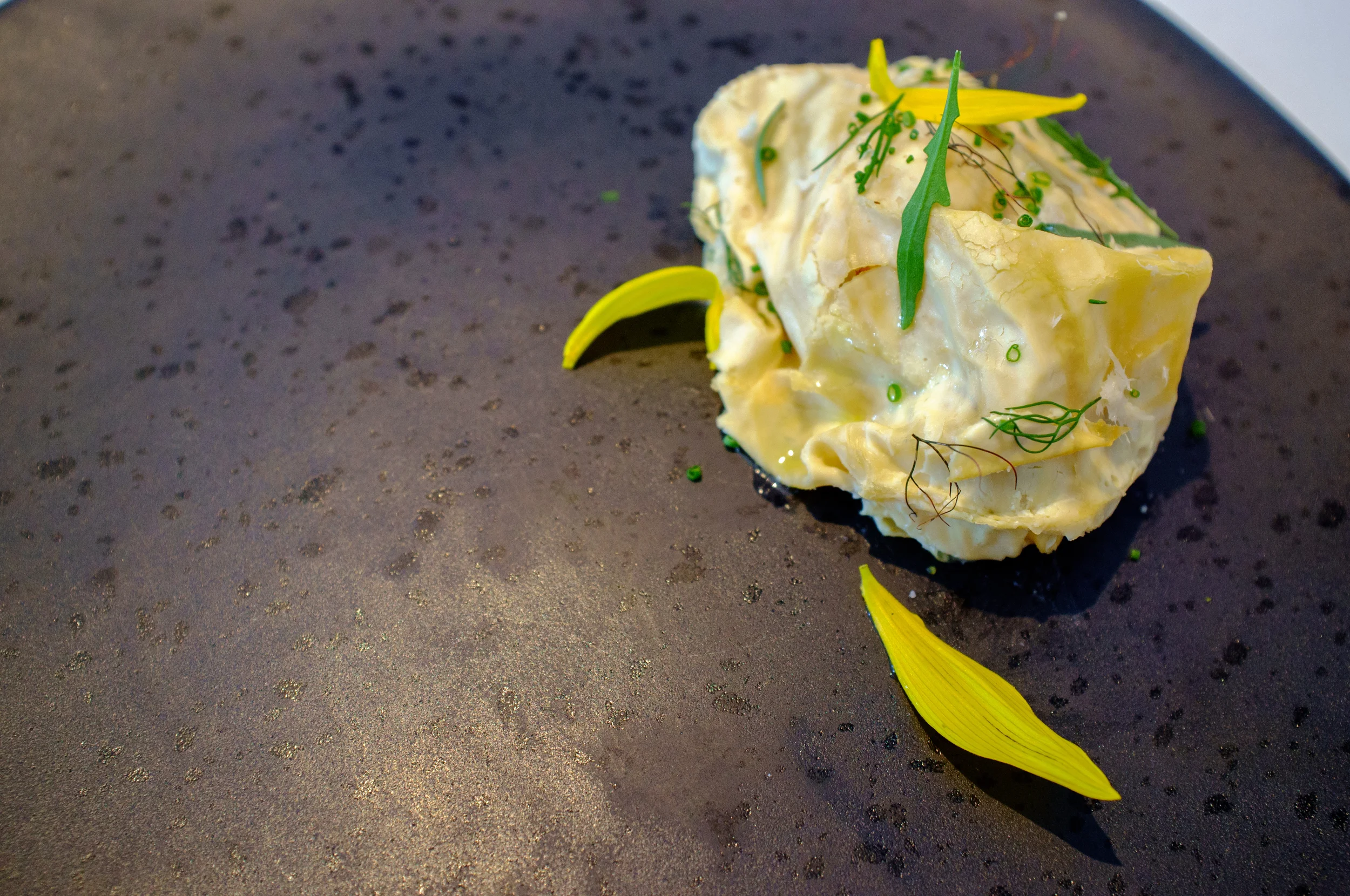 Crayfish and burnt potatoes, flathead roe, milk and mustard
