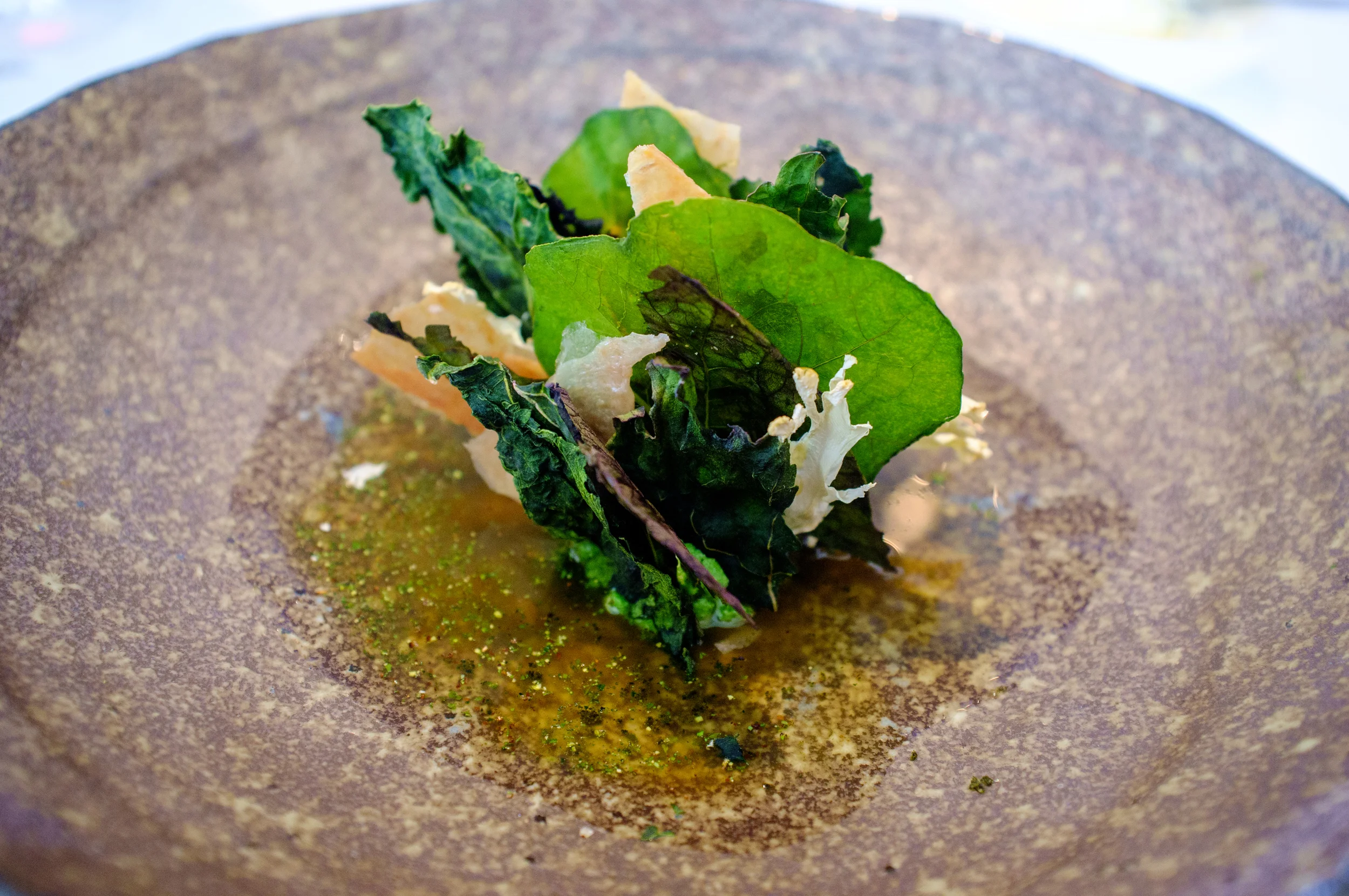 Warm ricotta and nettle, roasted chicken and brassicas