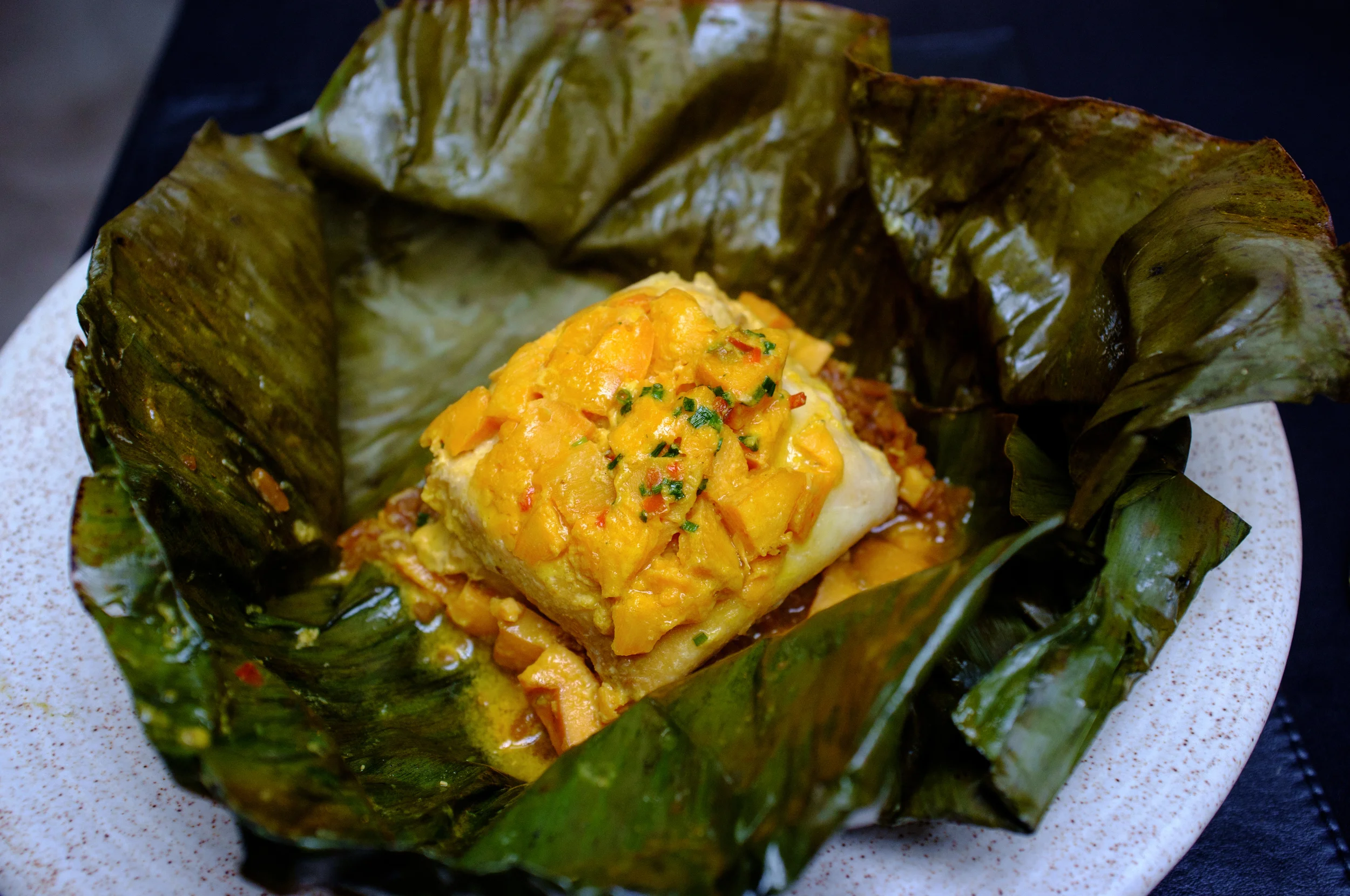 Steamed fish in plantain leaf, over coconut rice, Leo Cocina & Cava