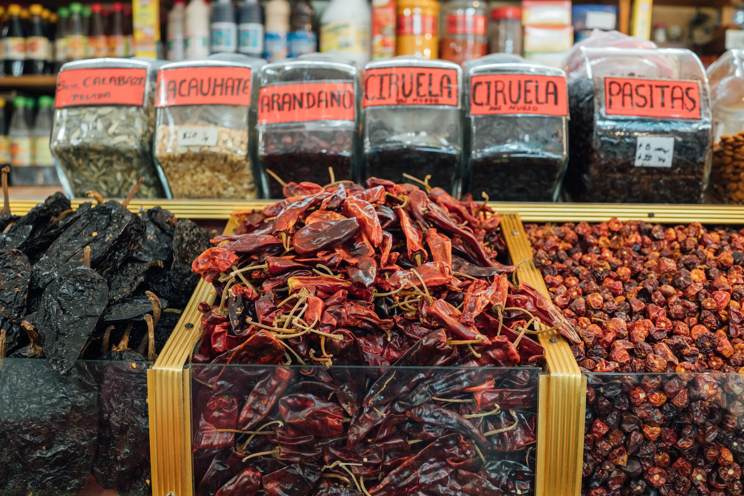 Dried hot chili peppers at Mercado de Medellin