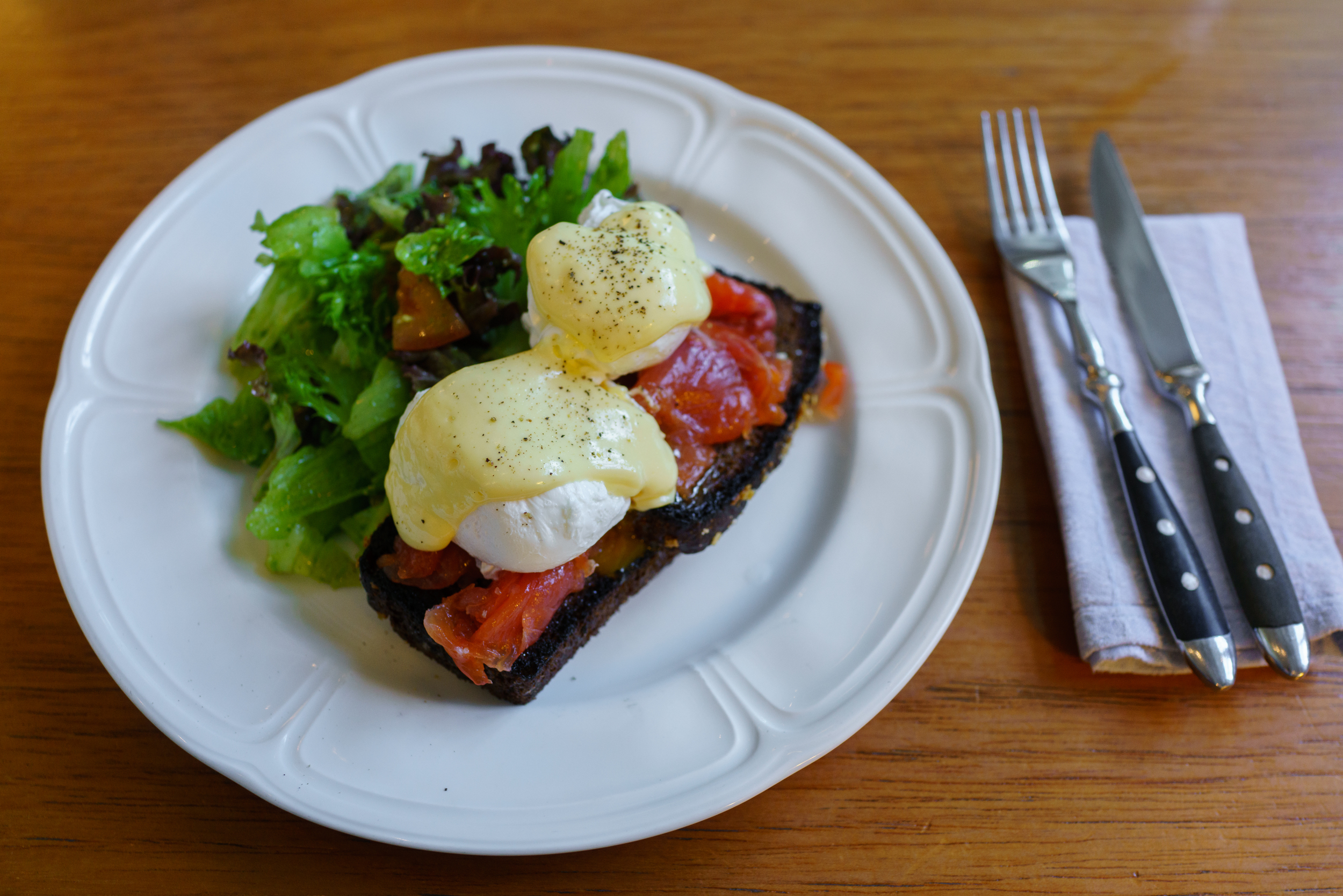 Eggs Benedict with salted trout on Estonia black bread, Sfäär Resto & Store, Tallinn