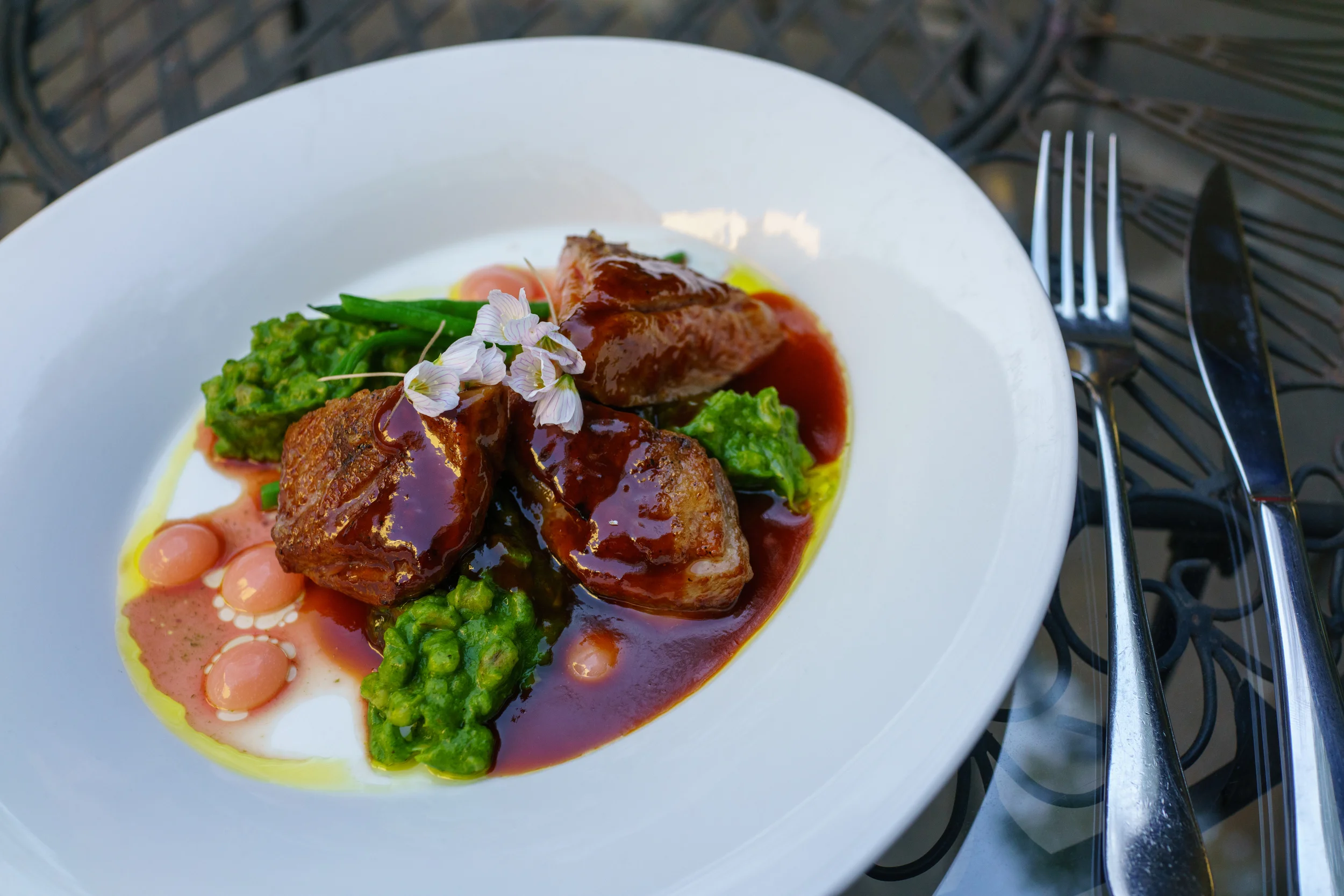 Duck breast with spring cabbage orsoto, rhubarb cream and orange sauce, Kohvik Moon, Tallinn