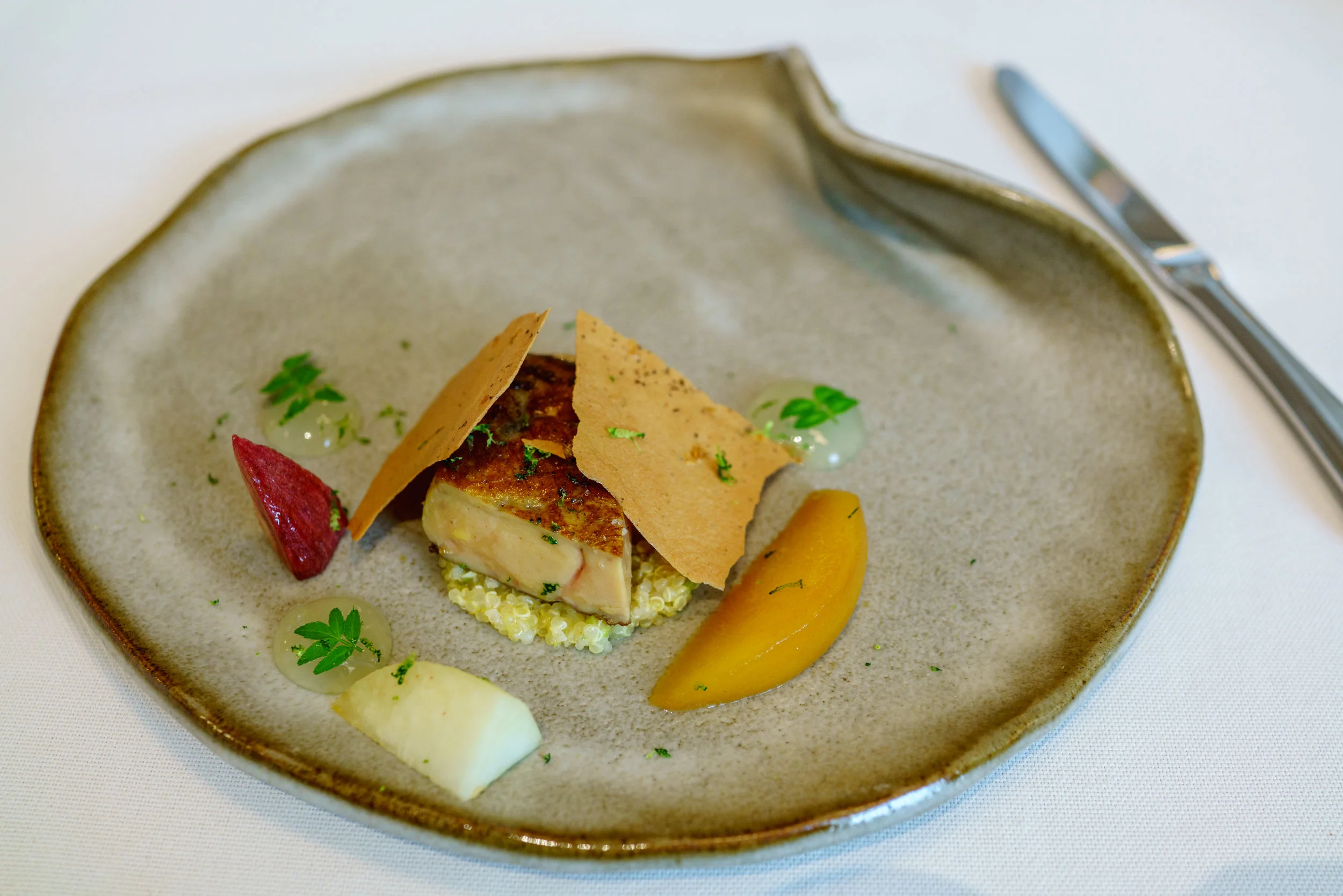 Seared Foie Gras, Duo of Peach, Java Pepper, Yuzu