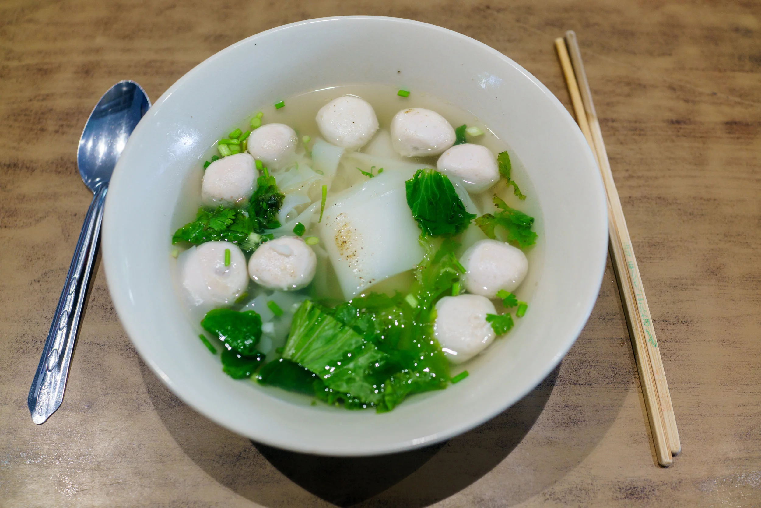 Pork ball noodle soup for breakfast in Bangkok