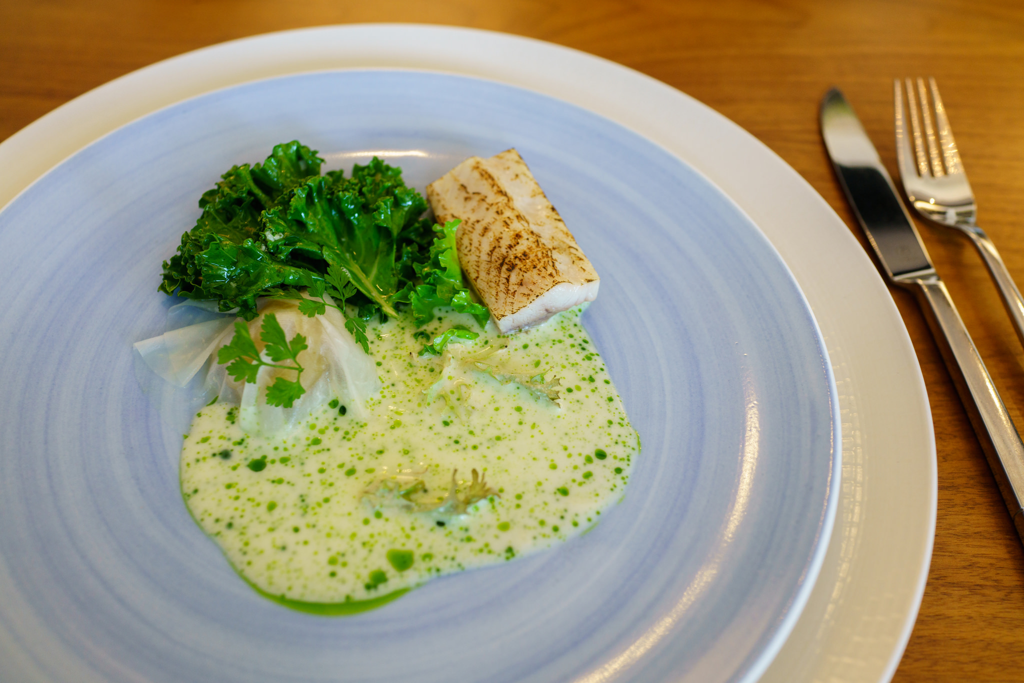 Sturgeon, onions stewed in whey, kohlrabi, Iceland moss