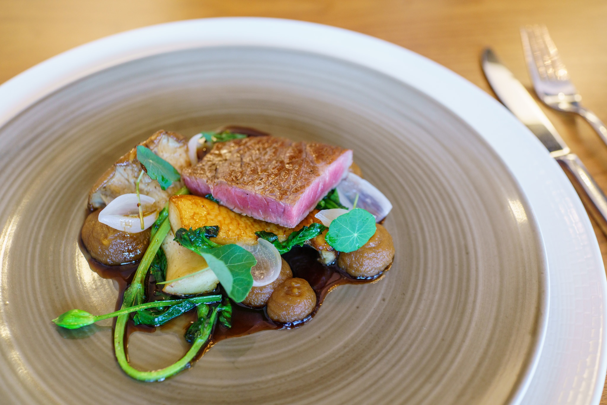 House-aged beef, king trumpet mushroom, garden thyme