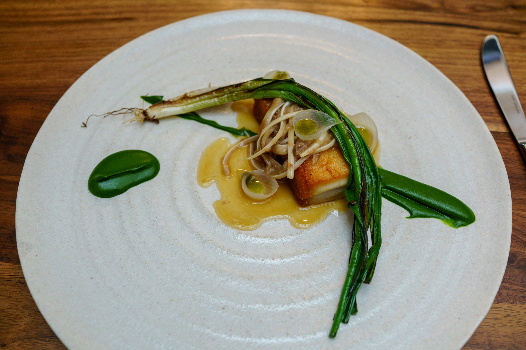 Slow Cooked Pork Belly, Charred Scallion, Tarragon, Pig Ears