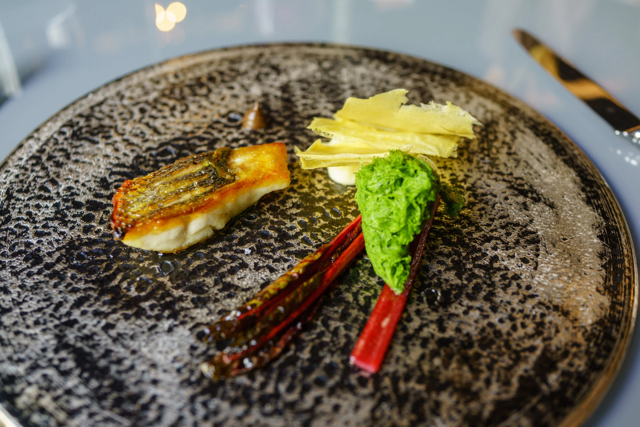 White fish Sous Vide, Potatoes, Swiss chard, Garlic