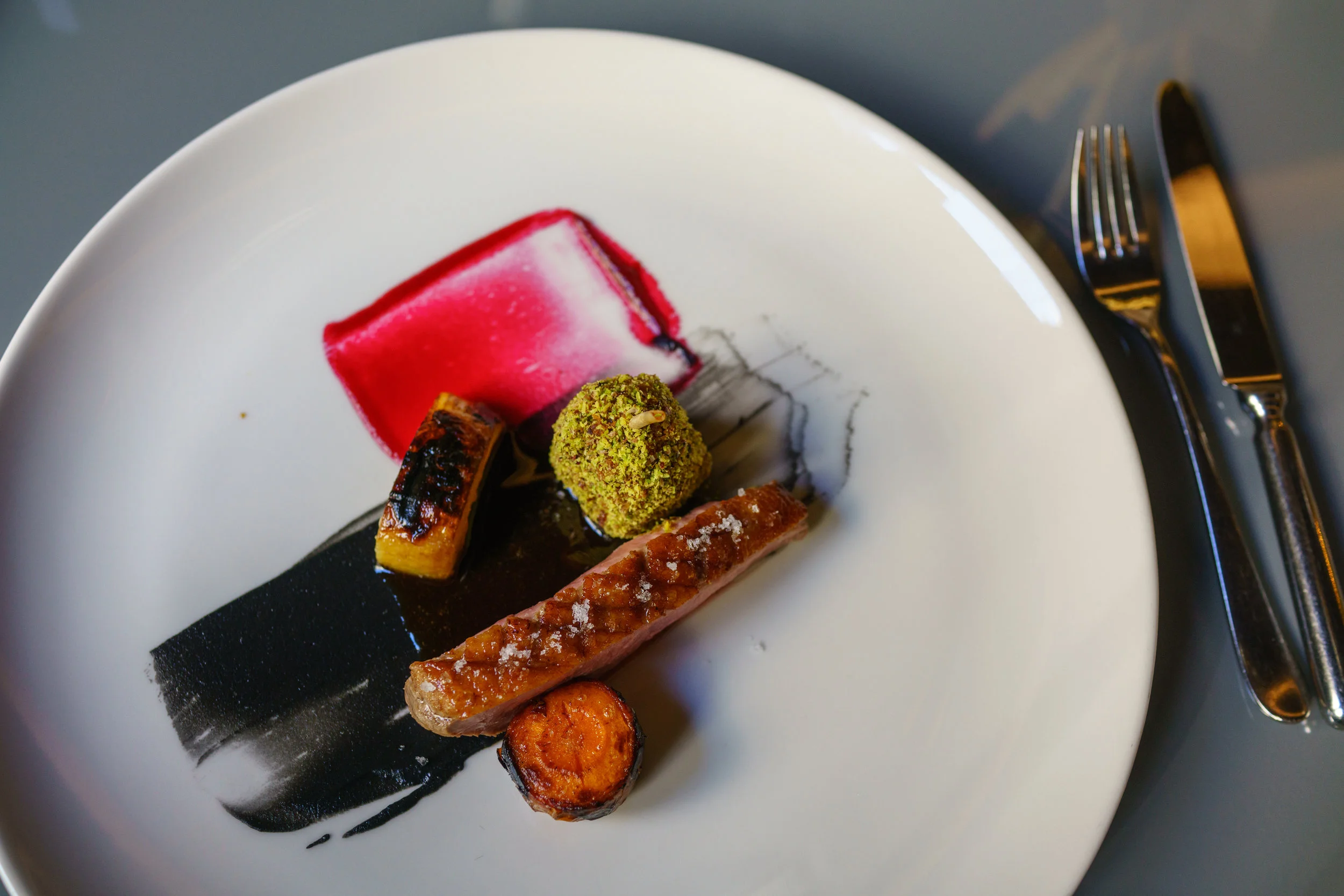 Duck breast, Sweet potato, Semolina, Pear cream, Cinnamon
