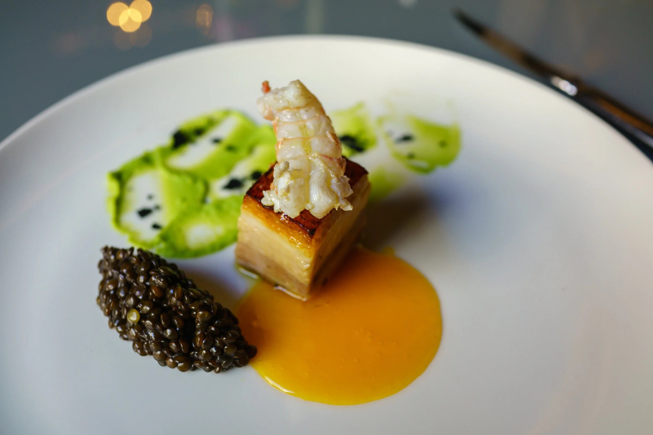 Pork belly, Shrimps, Parsley, Passion frui 