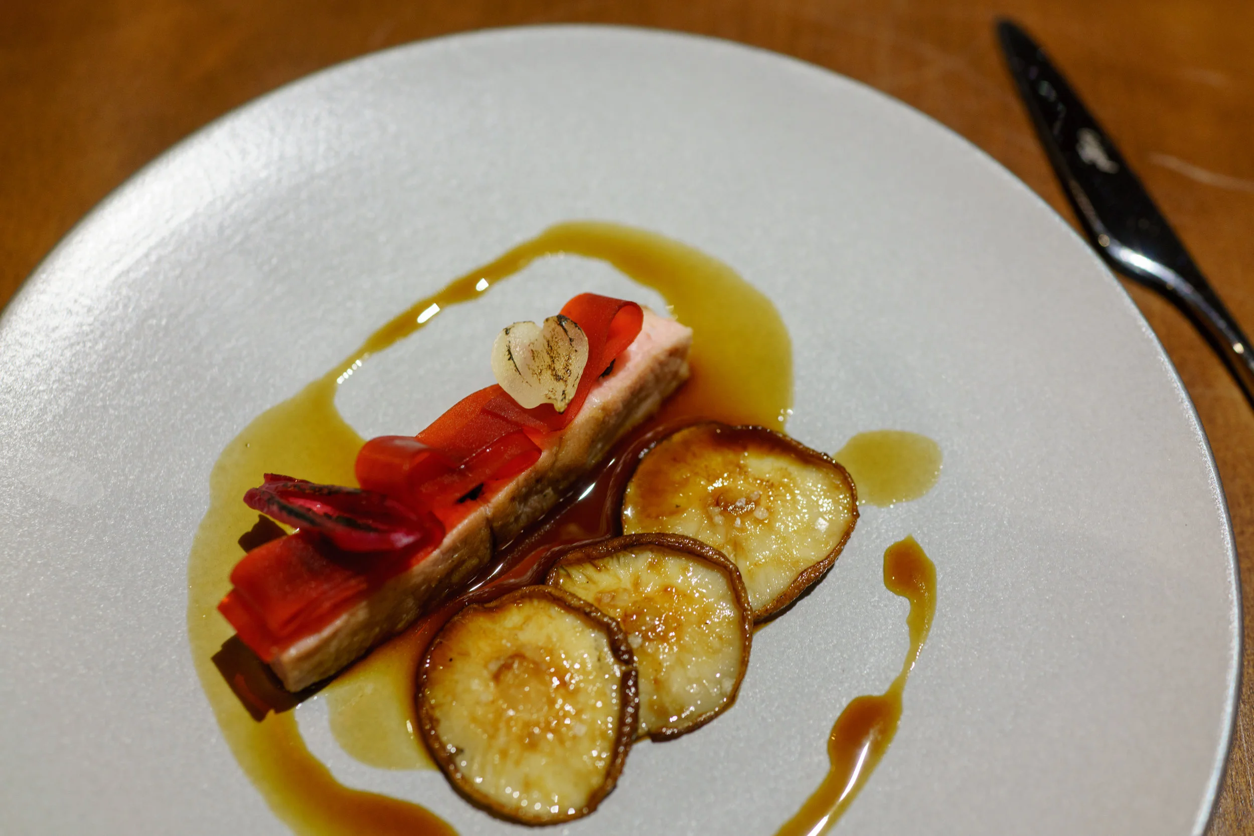 Pork Neck with Black Garlic and Spicy Mushroom