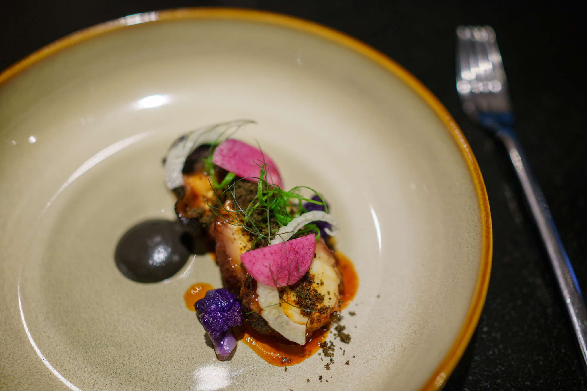 Slow Cooked Octopus, Romanesco, Gochujang , Black Olive