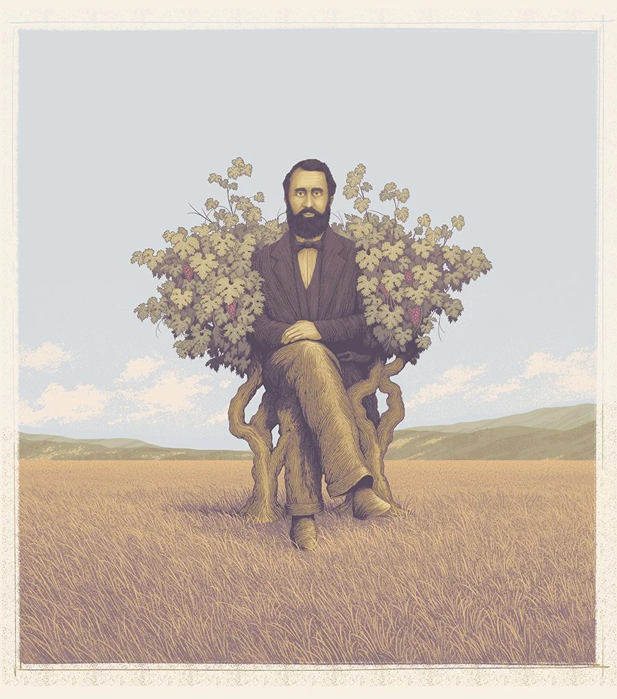 A man with a beard and suit sitting with his legs crossed inside a tree-like structure with branches and leaves, standing in a field with a cloudy sky in the background.