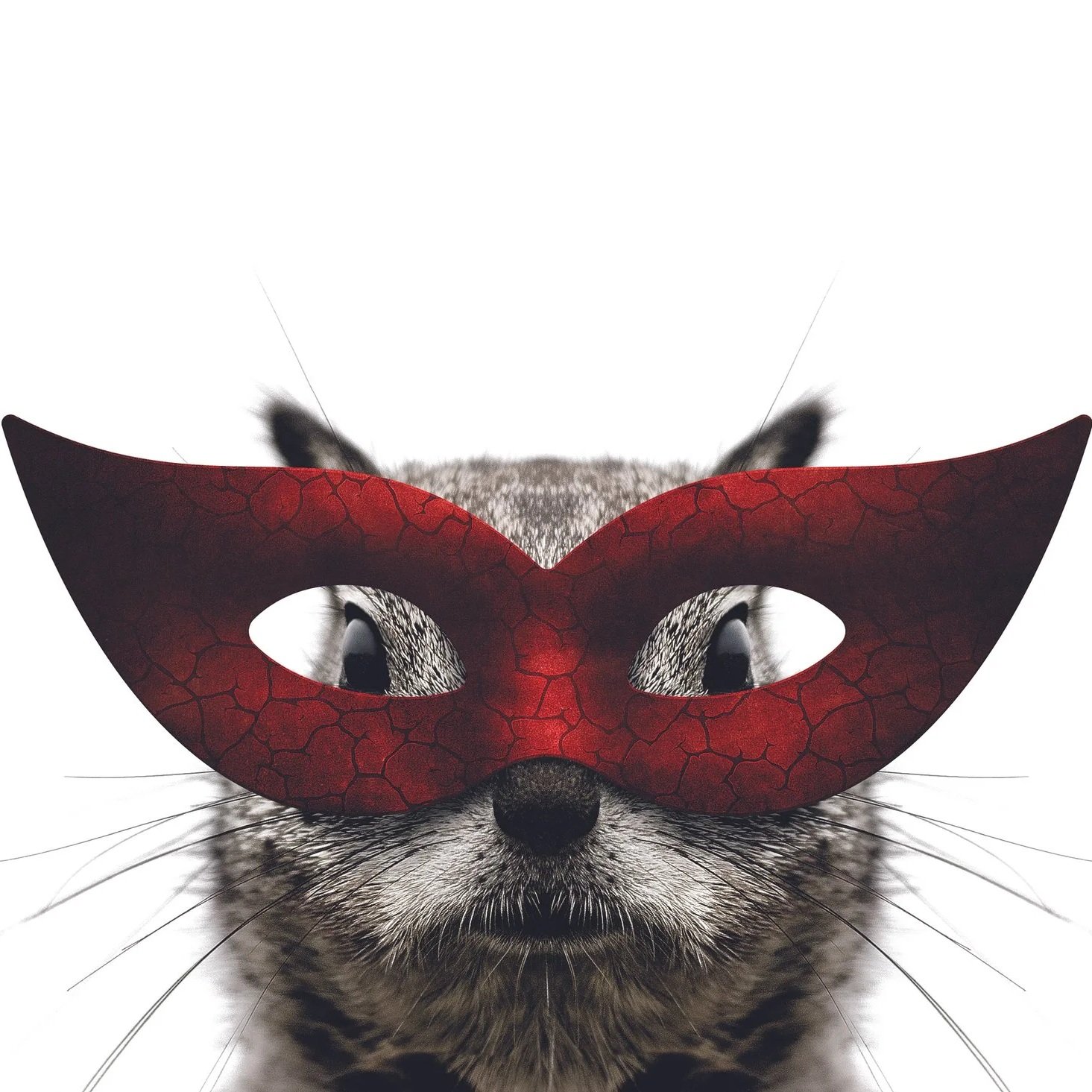 A close-up of a ferret wearing a red mask shape resembling a superhero mask, with the ferret's face and eyes visible.