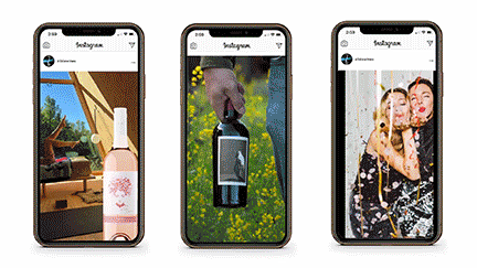 Three smartphones displaying different Instagram posts. The first shows a room with large windows and a bottle of pink lotion. The second shows a hand holding a phone outdoors near yellow flowers. The third shows a person hugging a dog, wearing a black and white patterned shirt.