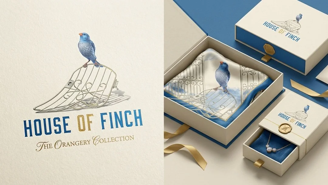Set of jewelry boxes with House of Finch branding, featuring a bird illustration and a blue and white color scheme, displayed with a necklace and decorative items.