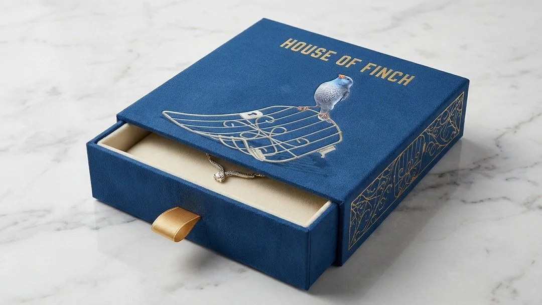 Blue box labeled 'House of Finch' with a bird illustration on the lid, containing a jewelry item inside.