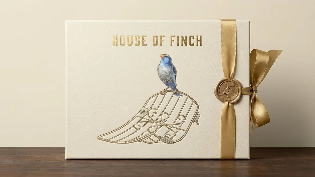 Elegant gift box with gold ribbon and button, decorated with a bird illustration and the text 'House of Finch'.