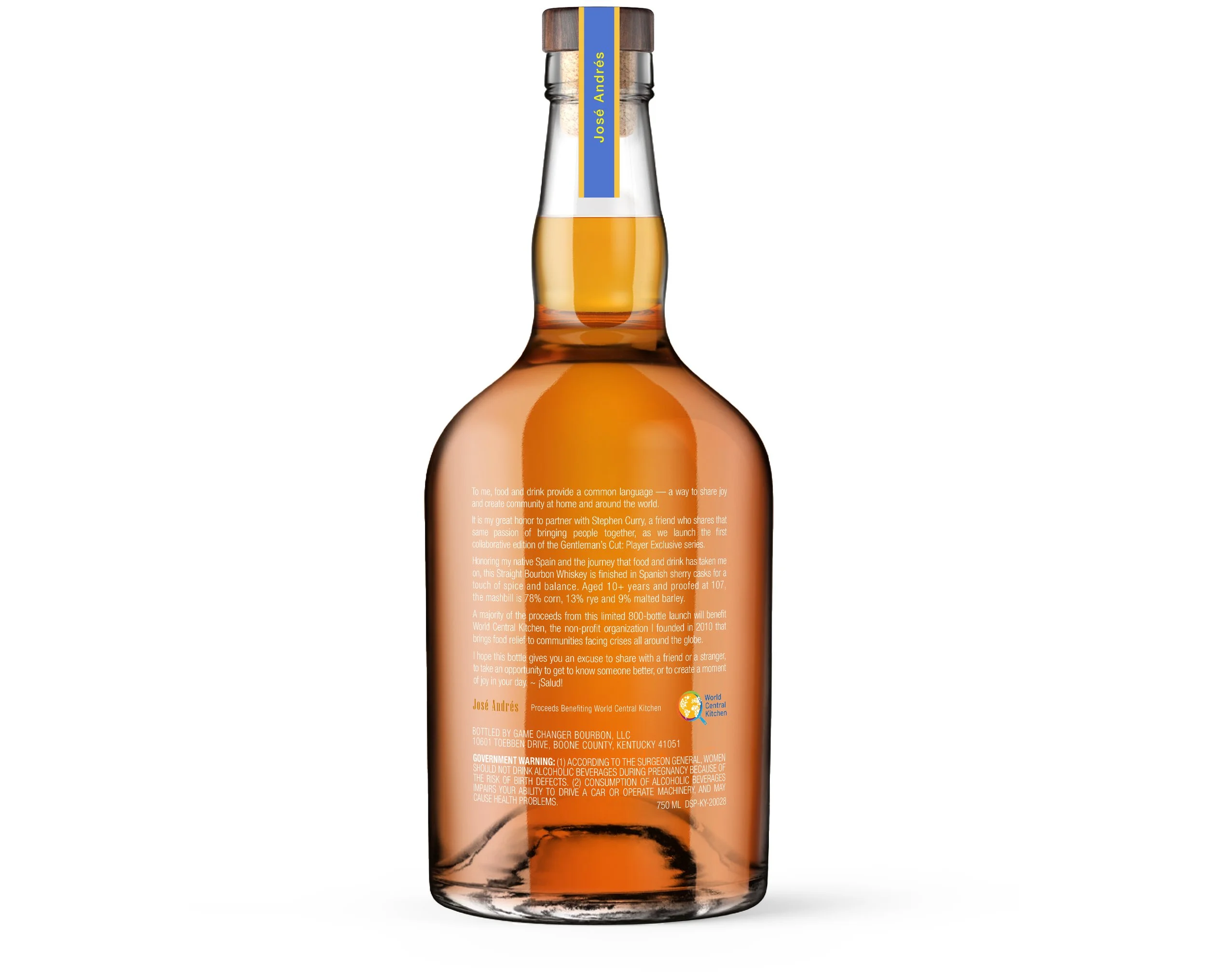 The image displays the back label of a bottle of bourbon whiskey. The label features a detailed description of the whiskey, information about its origin, and a commitment to charity by the producer. Additional elements include the name José Andrés, t
