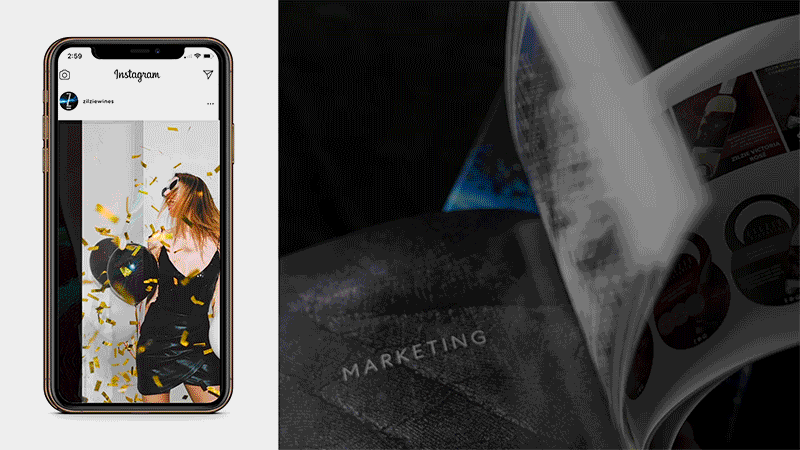 A person taking a selfie with a smartphone celebrating, with gold confetti around them, next to an open magazine or brochure with the word 'MARKETING' visible on the page.