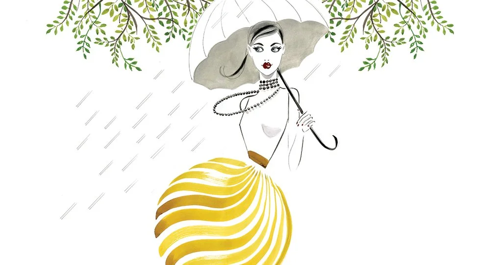 Stylized illustration of a woman holding a gray umbrella in the rain. She has dark hair, makeup, and is wearing a pearl necklace. Her skirt is yellow and striped, and she is surrounded by green leaves hanging from the top.