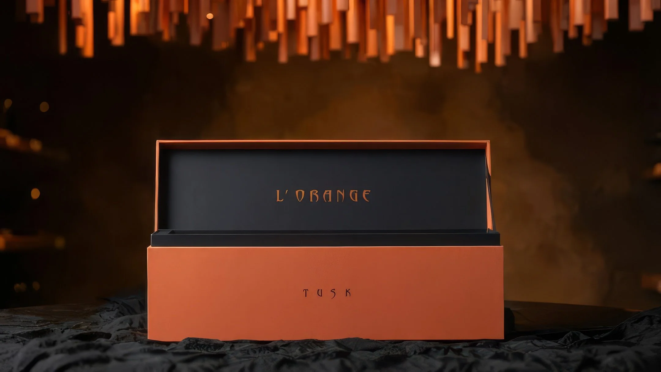 An orange and black box with the words 'L'ORANGE' on the interior and 'TUSK' on the exterior, placed on a textured surface with a background of vertical orange lights.