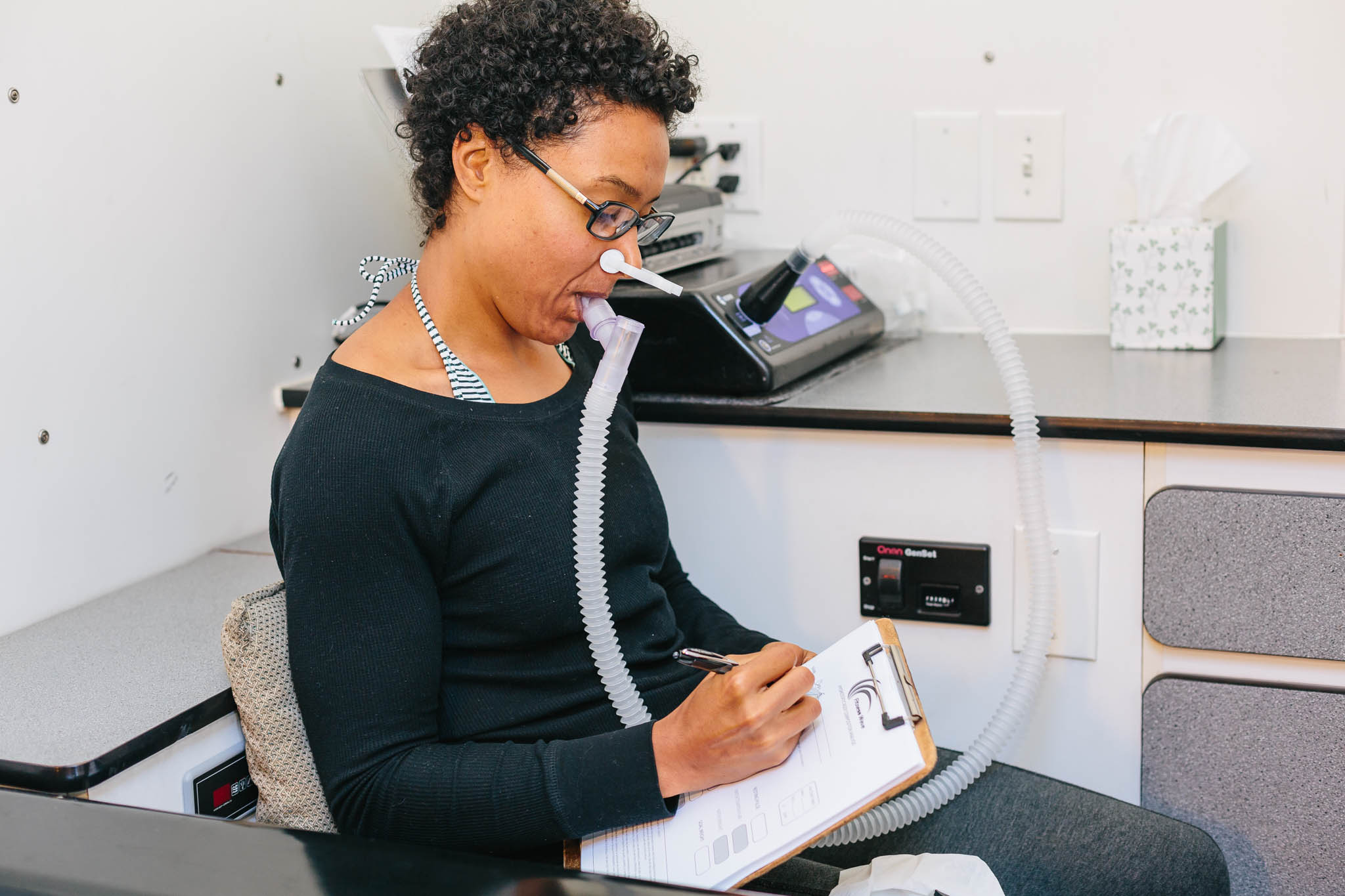 Getting my resting metabolic rate analyzed. Apparently, I have a faster than average metabolism, SWEET! P.S. Breathing through your mouth for 10 minutes, into a tube, while your nose is plugged, is seriously difficult!