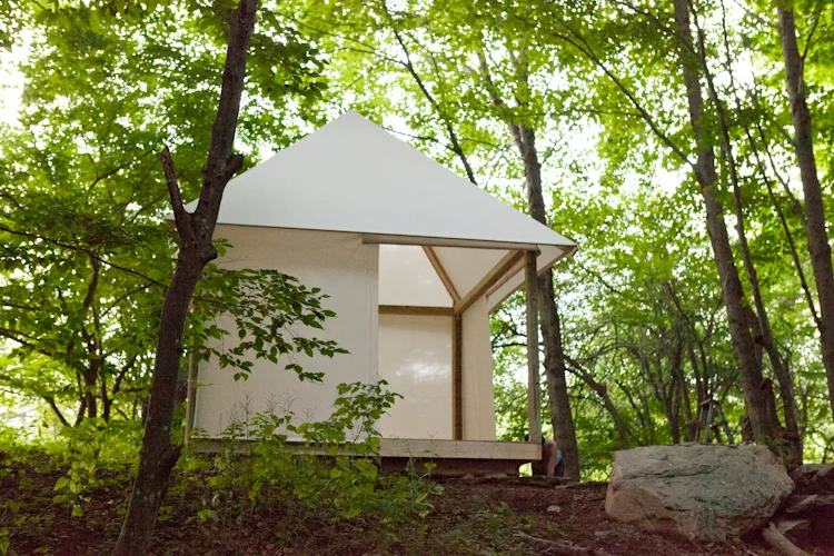 East-facing view of the structure with two flaps open.