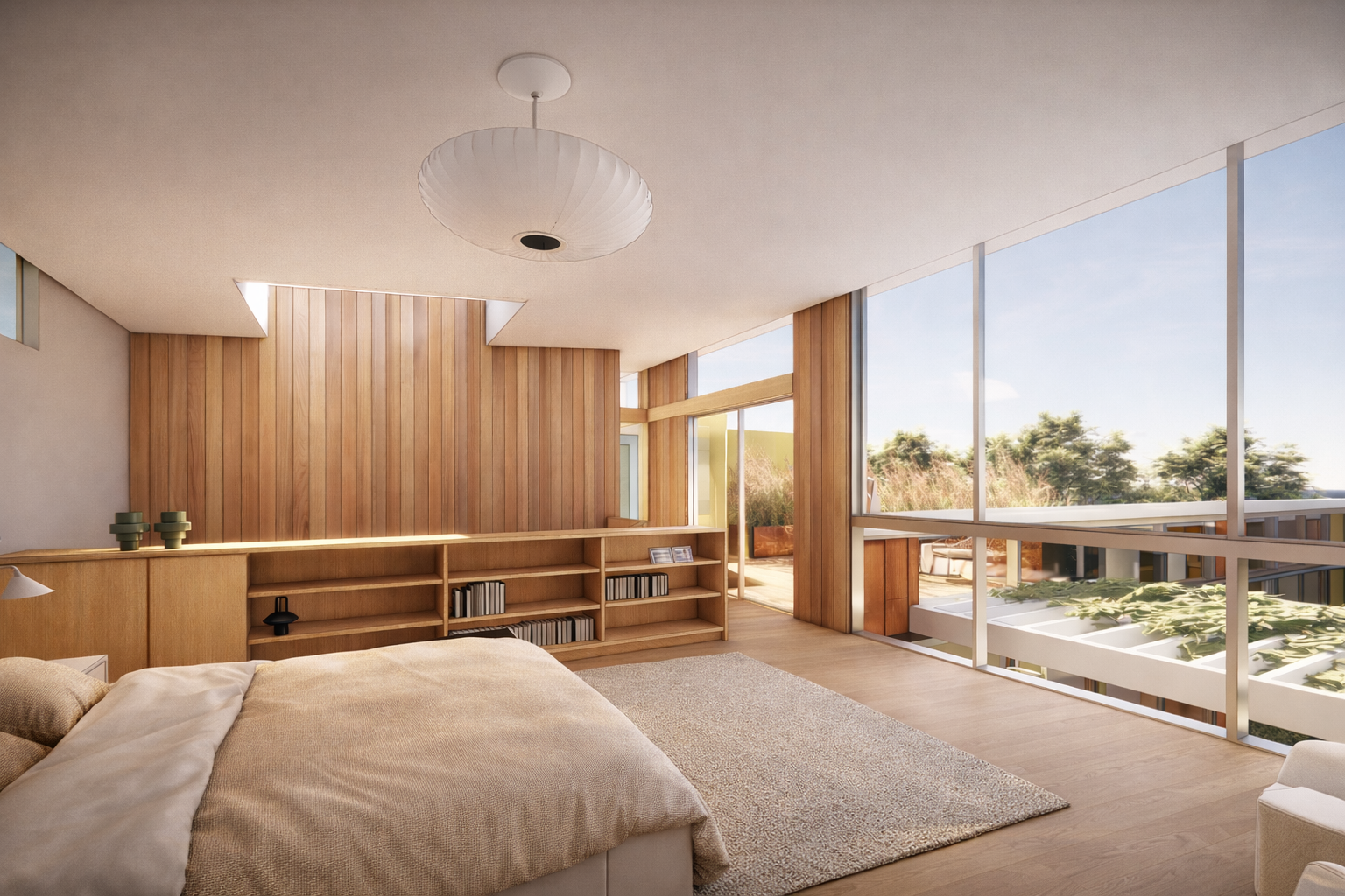 primary bedroom suite with hillside and ocen views