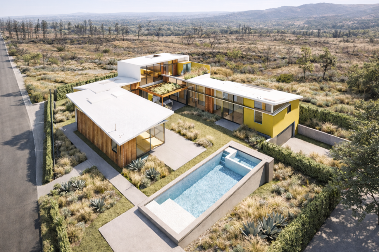 aerial view of courtyard home