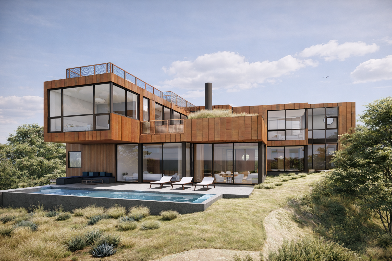 the rear of the Palmera Palisades house creates a continuous uninterupted view of the landape and California oak trees