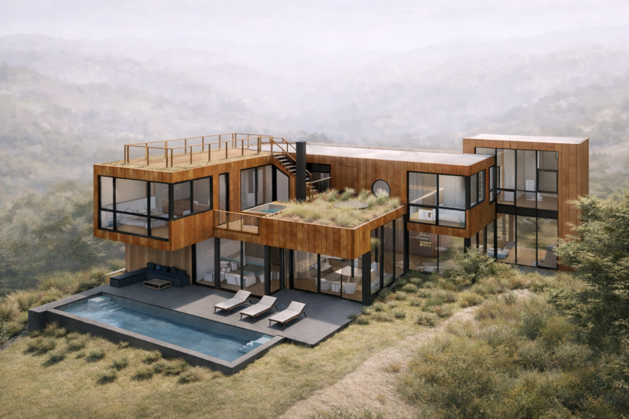 Axonometric rendering illustrating the layered bedroom volumes floating above the open, glass-lined living level.