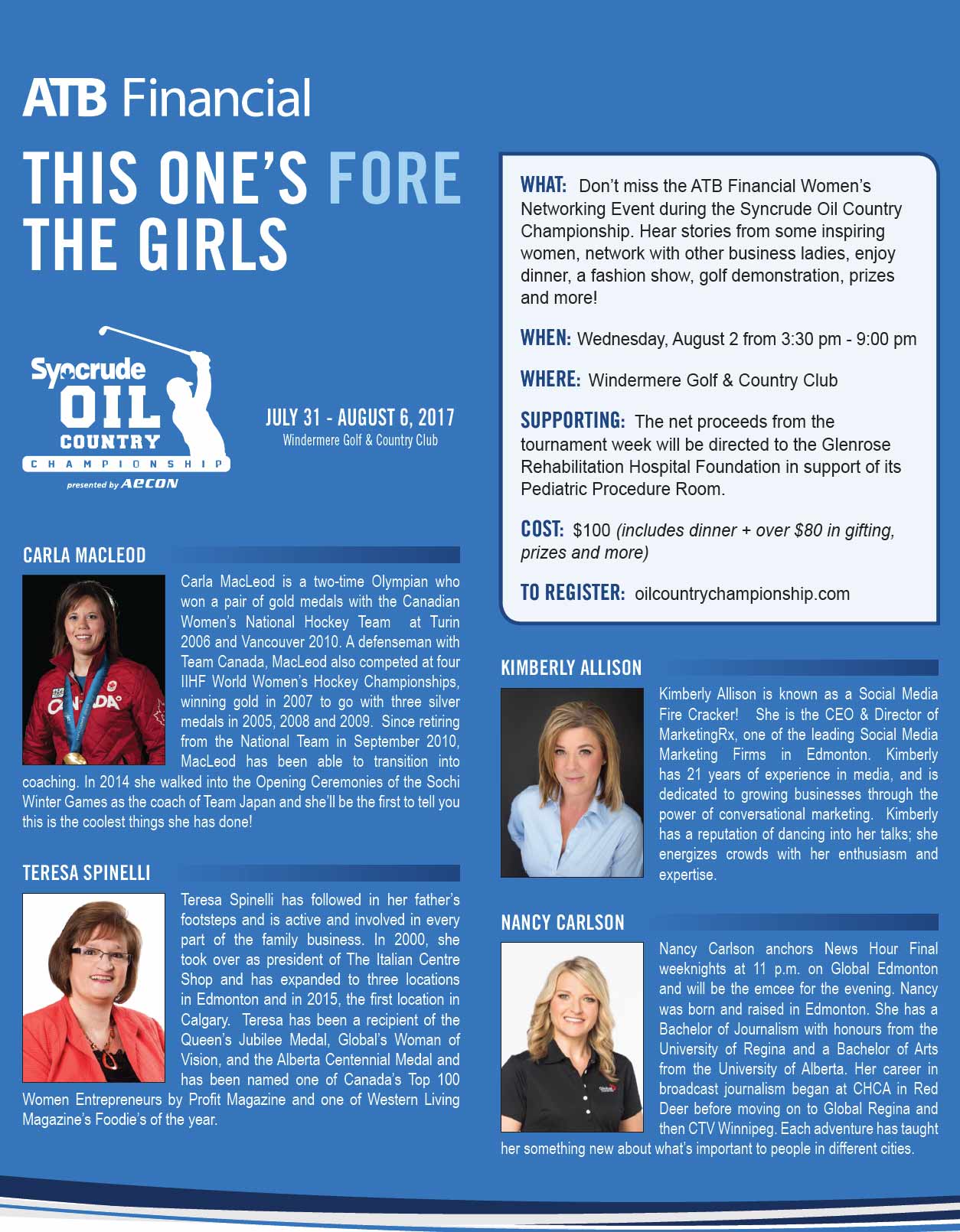 Kimberly will be speaking at this event with Carla MacLeod (two-time Olympian), Teresa Spinelli (The Italian Centre Shop president), and Nancy Carlson (Global News Anchor)