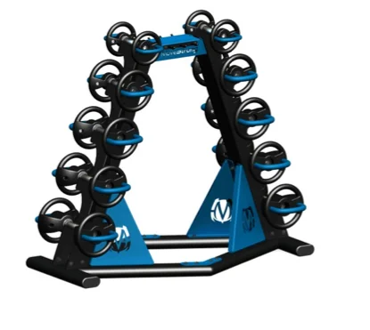 Double tier rack holds 2 sets of DynaBells. Optional top Connector plate has storage hooks for holding accessories such as resistance bands and jumps ropes. A patent pending storage rack design.