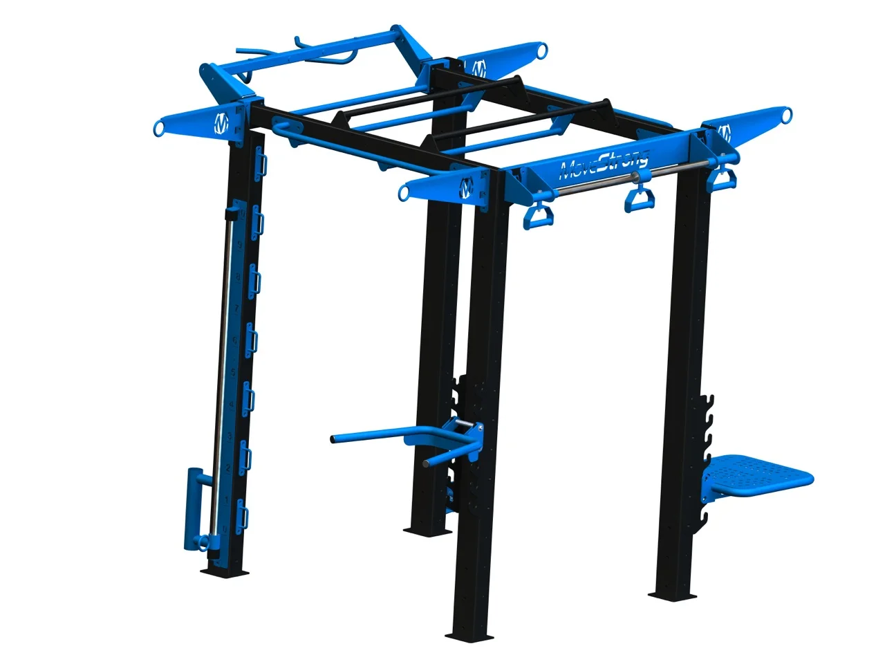 NOVA FTS-4: Space efficient, smaller version of Standard NOVA-6 FTS. Shown with Dip, Step, Sliding pull-up, Free slide rope anchors, suspension hangers, Bent handle grip pull-up bar, base rope vertical anchor 6'1" L x 5' 7" W x 8'2" H *