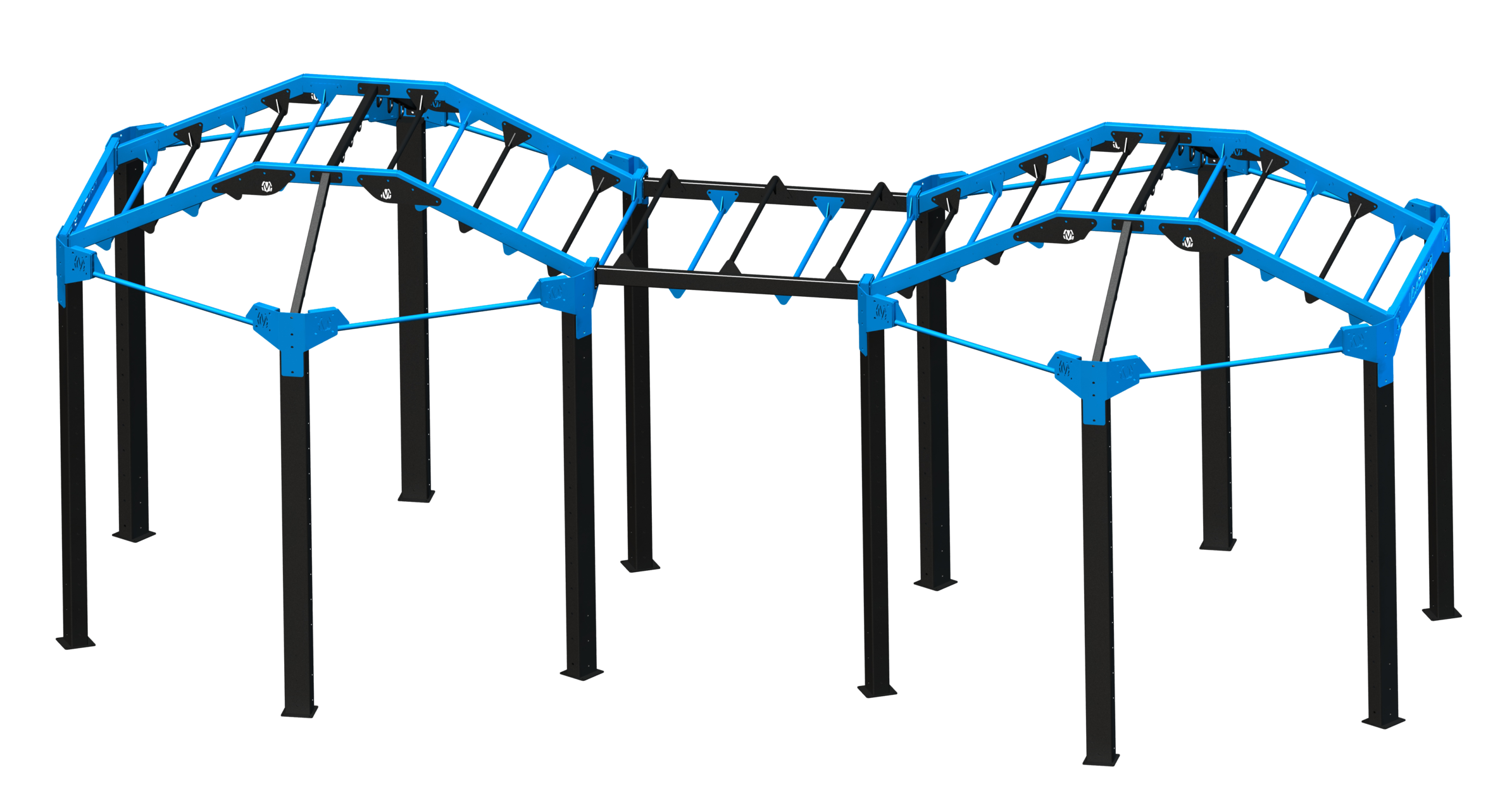 The Super NOVA-12 FTS: Connect NOVA stations together with horizontal monkey bar bridge for creating the dream size NOVA FTS! Connecting horizontal bridge available in 5' or 10' lengths. 23'3" L x 11'5" W x 9’7" H *