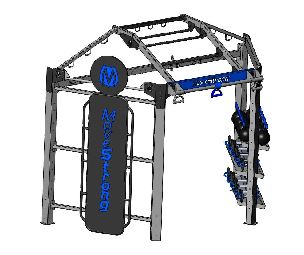 NOVA-3 FTS Wall Flush Mount: shown with KickPlate, Sliding pull-up, Storage trays, and half Arch monkey bar bridge. Maximize floor space with wall flush mount. 11'5"L x 5’5" W x 9’7" H *