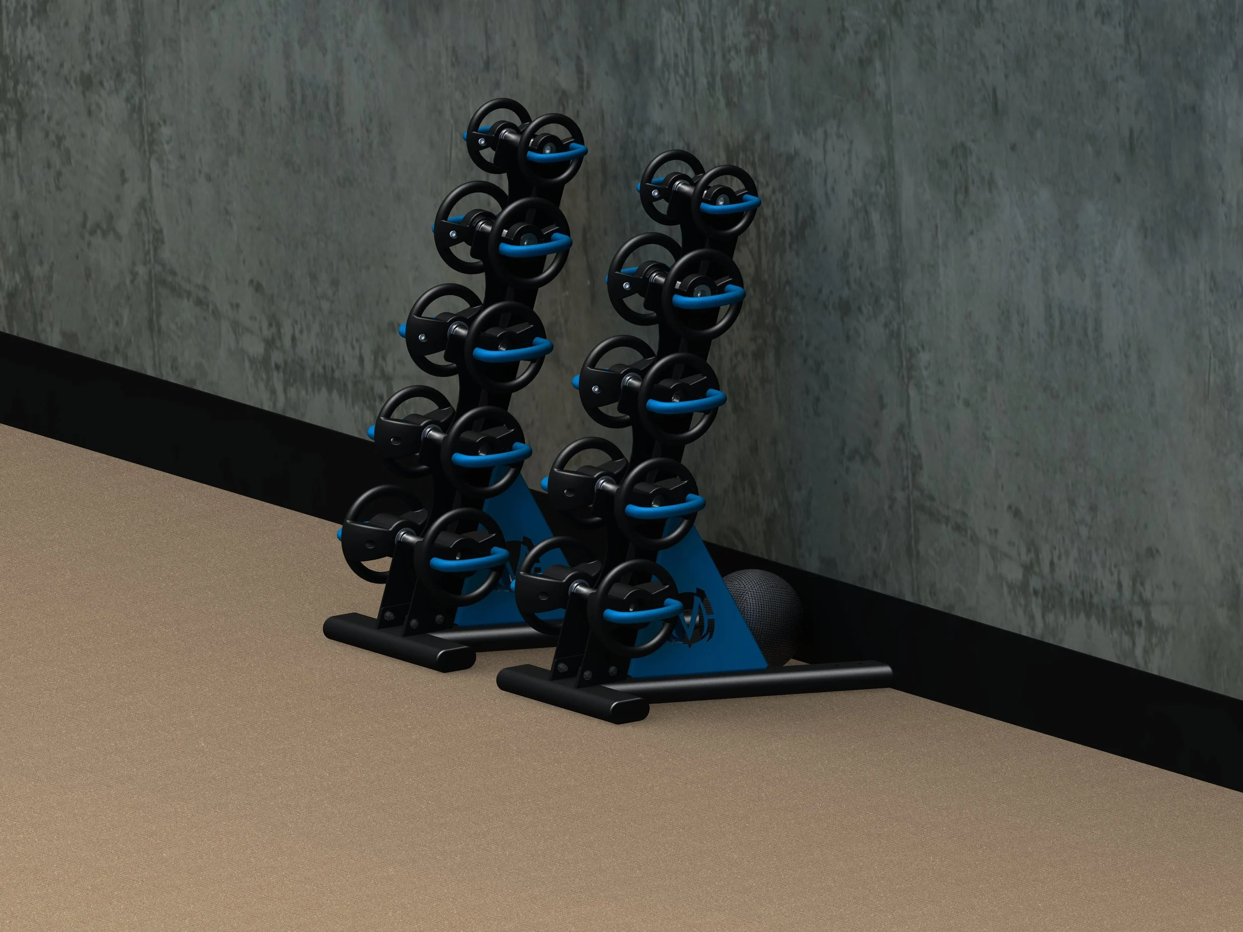 Dumbbell DynaBell racks against wall
