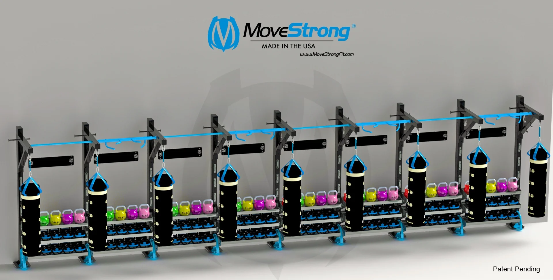 Nine Functional Columns with eight sets of storage trays shown. Additional storage trays maybe added. Also shown is the Wall Storage Accessory Plate above the trays ideal for hanging bands, jump ropes, gloves, ropes, etc.