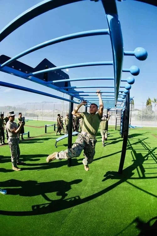 ROTC training outdoor school course gym, high school, physical education, monkey bars