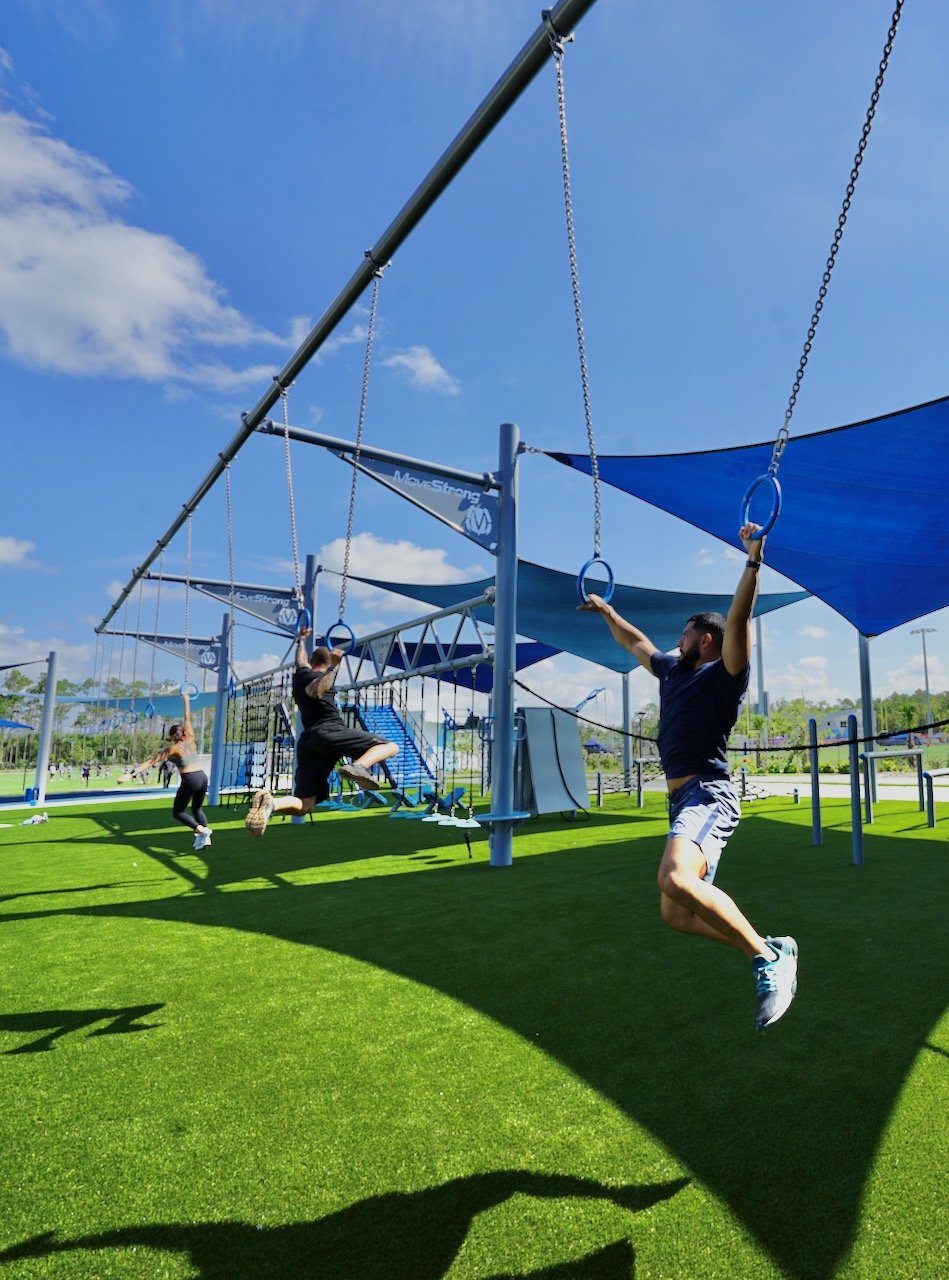 Outdoor fitness workout Traveling Rings move, strong shade, structure, parks, and recreation