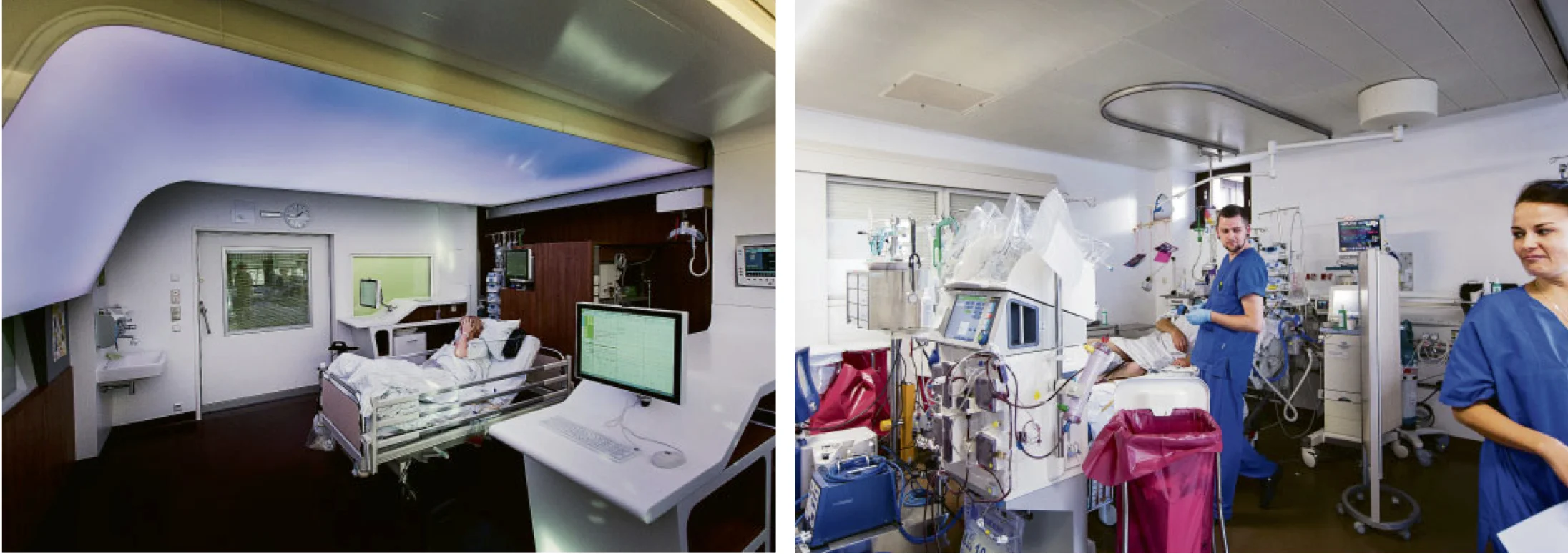 Ein Unterschied wie Tag und Nacht: Das von Architekten und Mediengestaltern entwickelte Modellzimmer an der Berliner Charité soll Geborgenheit vermitteln (links). In konventionellen Zimmern auf Intensivstationen hingegen (rechts) fühlen sich Patienten oft hilflos.