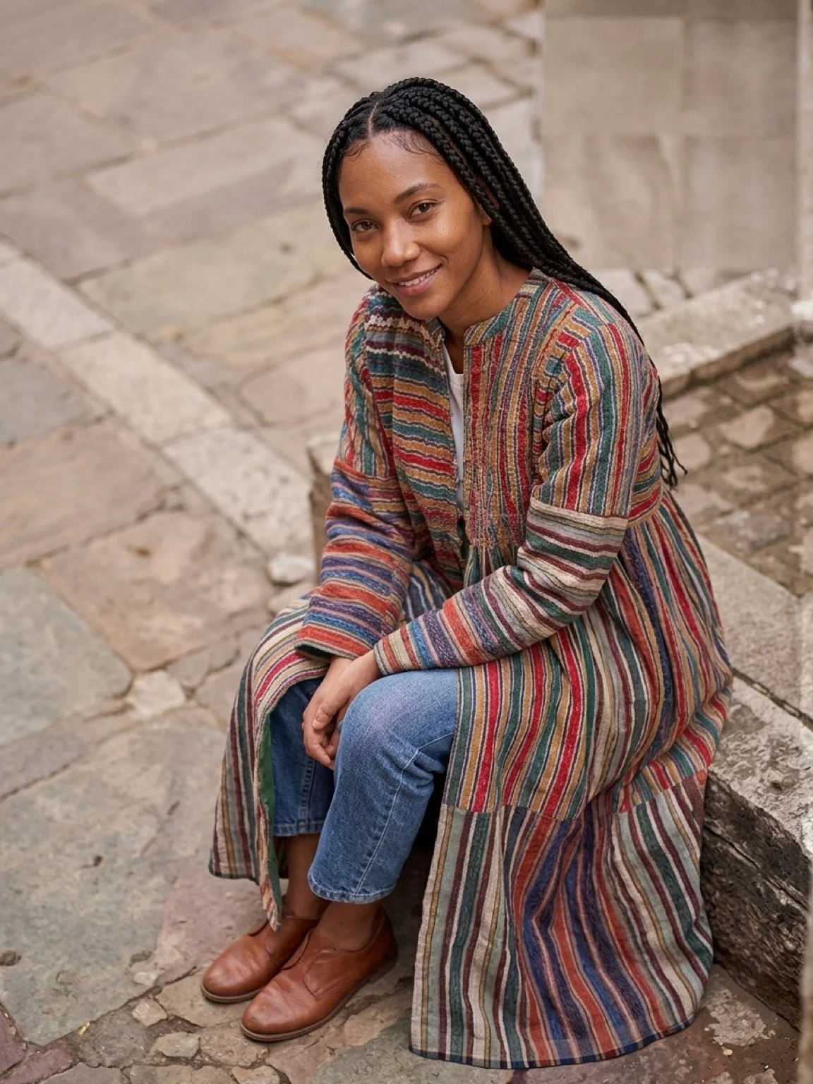 Injiri AW26 woollen coat sitting.JPG